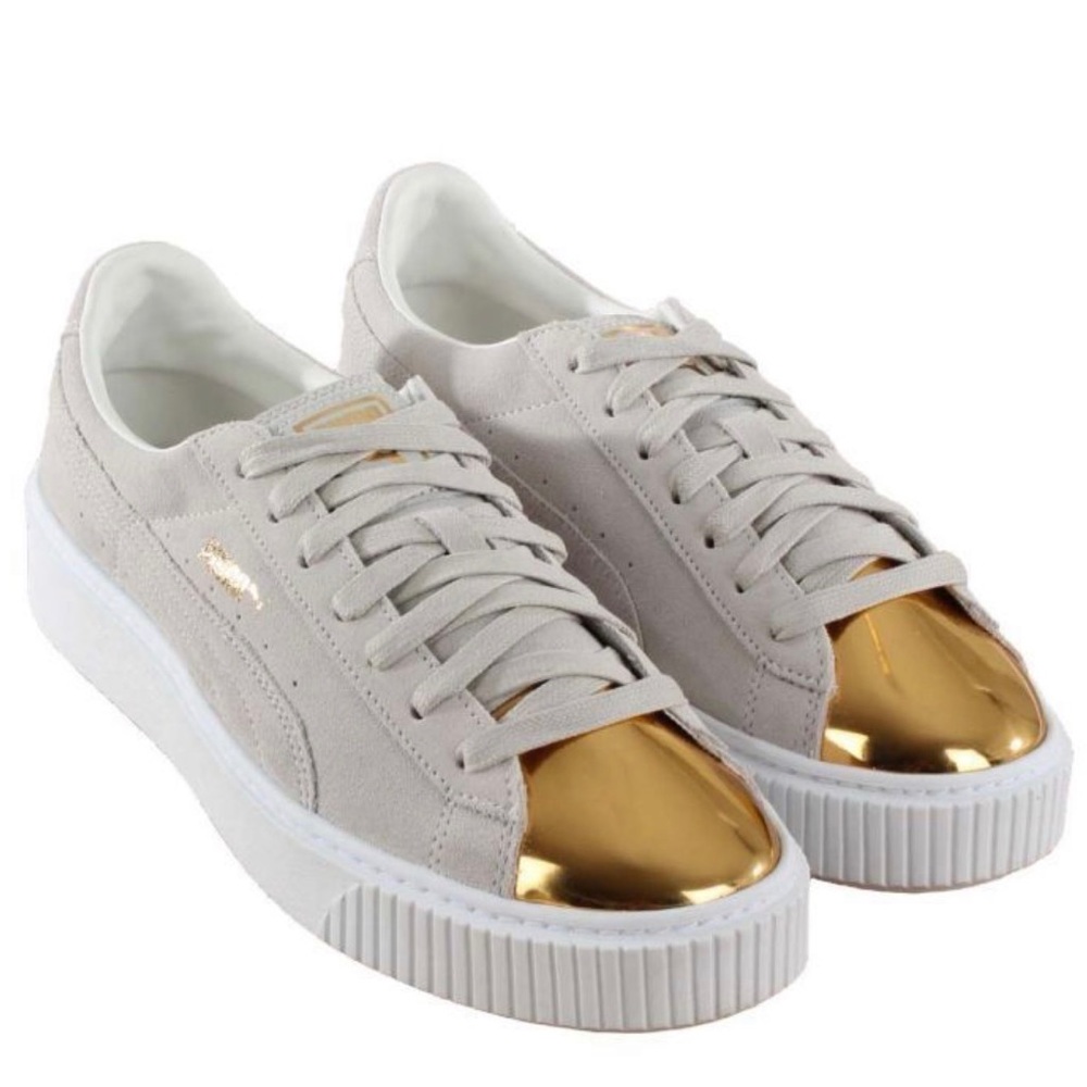 Puma Suede Platform Gold, White, & Cream Sneakers